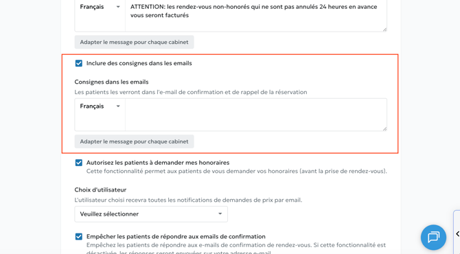 Consignes dans les emails - Paramètres