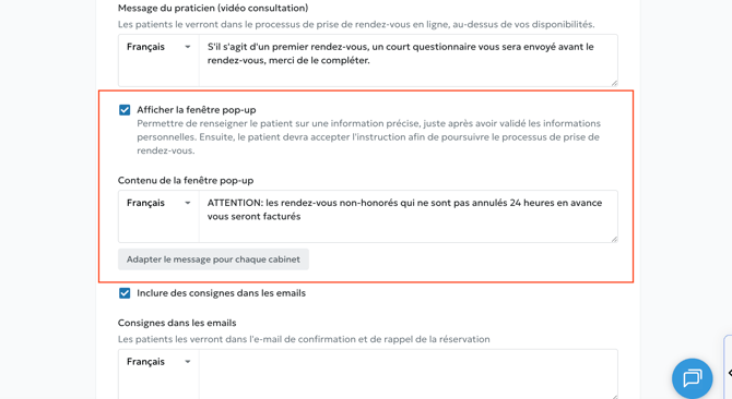 Fenêtre pop-up - Paramètres