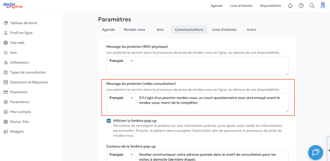 Message du praticien VC - Paramètres