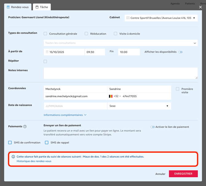 Message suivi de seances